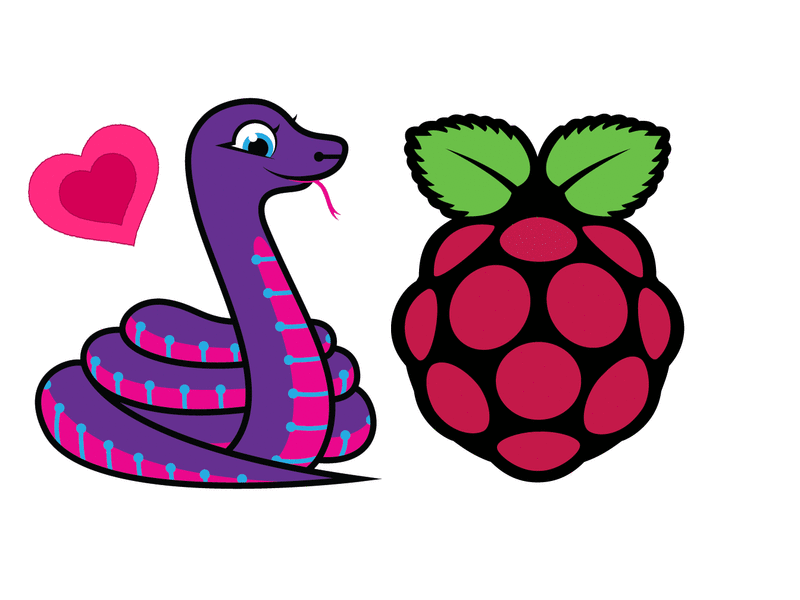 A CircuitPython mascot Blinka cartoon purple snake with a pink heart beside a stylized red/black/green Raspberry Pi logo. The snake has a friendly expression.